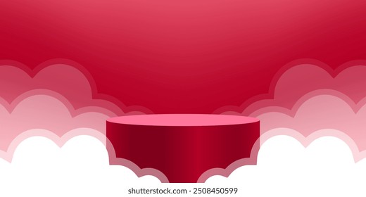 Soporte de podio rojo con nube, pedestal, exhibición del producto, producto cosmético del podio para la exhibición