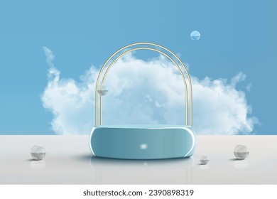 Escenario de podio para la colocación de productos con vector realista de nubes y bolas de vidrio