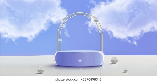 Podium stand scene for product placement with realistic cloud and glass balls vector