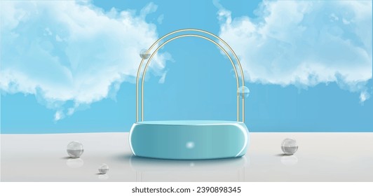 Podium stand scene for product placement with realistic cloud and glass balls vector