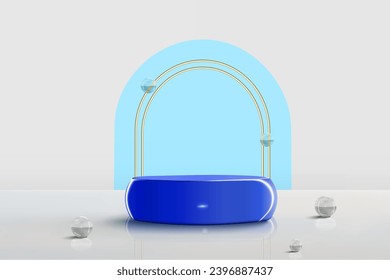 Podium stand scene for product placement with glass balls and golden arch vector