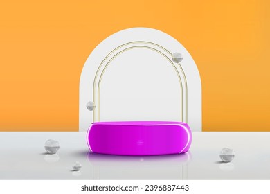 Podium stand scene for product placement with glass balls and golden arch vector