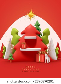 Podium stand in the shape of red Christmas tree with display shelf for advertising goods. Mockup New Year's platform. 3d render minimal scene. Xmas Product display presentation. Vector illustration