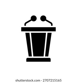 Um suporte de pódio com dois microfones representa um discurso público ou uma apresentação