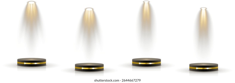 Podium stands under soft white studio beam. Collection of spotlights projects across stage scene. 3D circular platforms arranged in tiered formation. Glossy floor reflects light in abstract space.