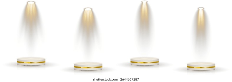 Podium stands under soft white studio beam. Collection of spotlights projects across stage scene. 3D circular platforms arranged in tiered formation. Glossy floor reflects light in abstract space.