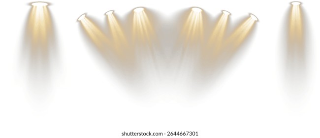 Podium stands under soft white studio beam. Collection of spotlights projects across stage scene. 3D circular platforms arranged in tiered formation. Glossy floor reflects light in abstract space.