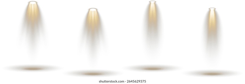 Podium stands under soft white studio beam. Collection of spotlights projects across stage scene. 3D circular platforms arranged in tiered formation. Glossy floor reflects light in abstract space.