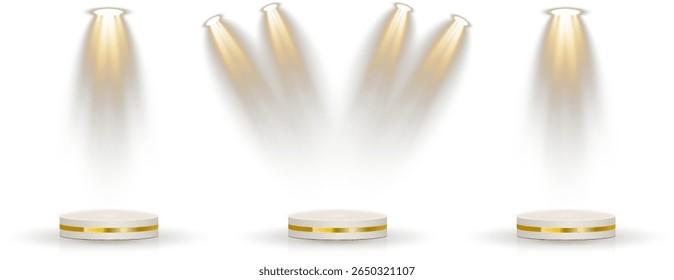 Podium stands under soft white studio beam. Collection of spotlights projects across stage scene. 3D circular platforms arranged in tiered formation. Glossy floor reflects light in abstract space.