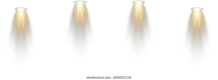 Podium stands under soft white studio beam. Collection of spotlights projects across stage scene. 3D circular platforms arranged in tiered formation. Glossy floor reflects light in abstract space.