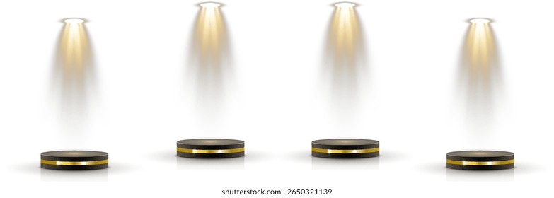 Podium stands under soft white studio beam. Collection of spotlights projects across stage scene. 3D circular platforms arranged in tiered formation. Glossy floor reflects light in abstract space.