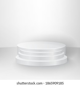 Podium with steps and shadow. Pedestal on a wall background.Mock up.Template for design.3D.Vector realistic illustration.