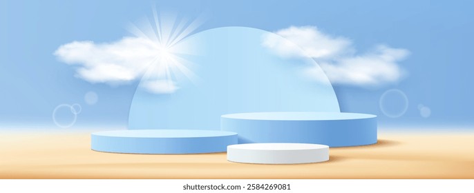 Podium summer 3D display blue and white color, banner design on cloud and sky with the sun shines beach sand blue background, EPS 10 vector illustration
