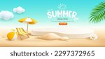 Podium Summer display, pile of sand, flowers, coconut tree, beach umbrella, beach chair, banner design, on cloud and sand beach background, EPS 10 vector illustration
