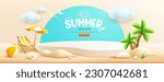 Podium Summer display, pile of sand, coconut tree, beach umbrella, beach chair, beach ball, flowers, banner design, on cloud and sand beach background, EPS 10 vector illustration