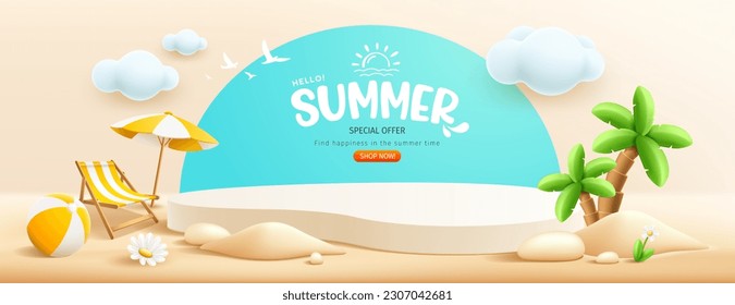 Pantalla de verano de podio, pila de arena, árbol de coco, paraguas de playa, tumbona de playa, bola de playa, flores, diseño de pancartas, sobre el fondo de la nube y la playa de arena, EPS 10 ilustración vectorial