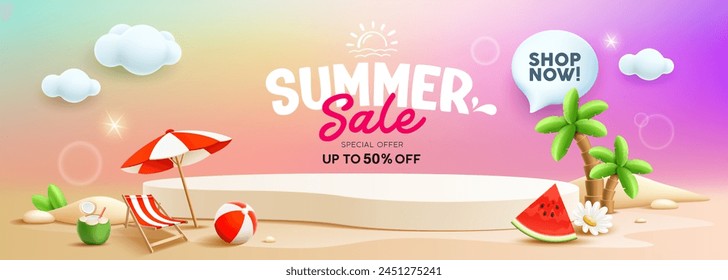 Podium Summer display, pile of sand, coconut tree,watermelon, beach umbrella, beach chair, beach ball, coconut fruit, banner design, on cloud and sand beach background, EPS 10 vector illustration