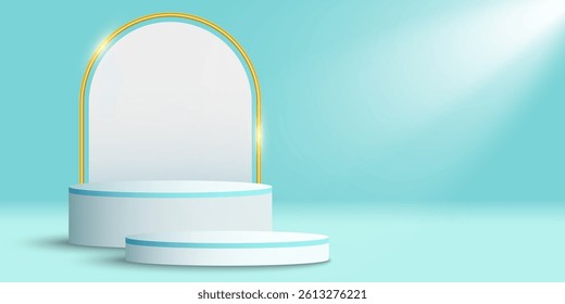 Podium with sunlight effect to display your brand product. Light scene for sale or fashion presentation. Pedestal for your business mockup. Vector illustration. EPS 10