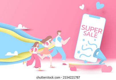 Podium, super sale, megaphone, online shopping, pink background paper cut and craft style. vector art and illustration. blue background.