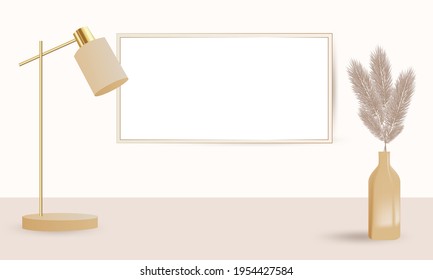 Lámpara de podio y mesa para la presentación de productos en color beige cálido, pasto de pampas secas y lagúo seco. Decoración estilo boho al fondo de una pared vacía. Ilustración del vector