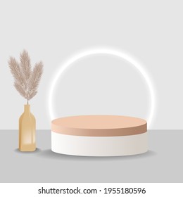 Podium and table lamp for product presentation in warm beige color, dried pampas grass and dried lagurus. Boho style decoration on the background of an empty wall. Vector illustration