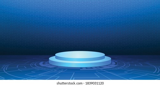 Podium with technology circuit base, technology perspective and transfer speed digital background, abstract arrow lines light backdrop, computer coding process