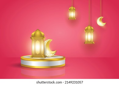 podium template design with Islamic concept, light effect, hanging ornament vector graphic