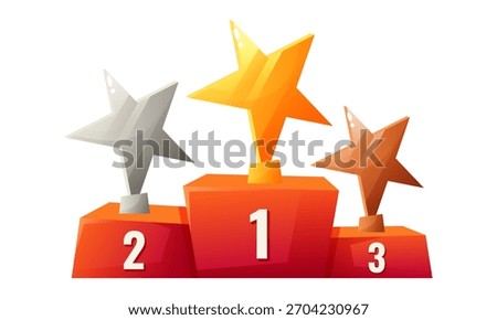 A podium with three levels, featuring a gold star on the highest level, an orange star in the middle, and a silver star on the lowest level. Ideal for award themes.