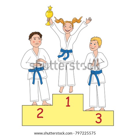 The podium with three winners and the happiest one holding the Cup at the first step (islated)