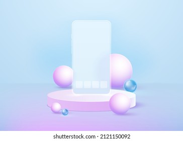 Podium with a transparent glass smartphone and balloons for your product presentation. Vector 3D illustration.