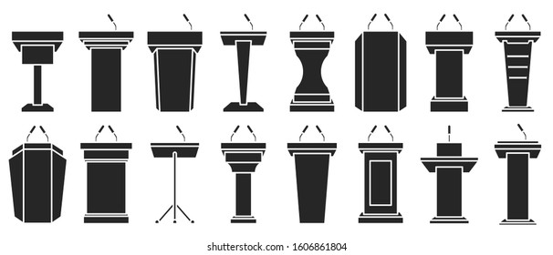 Podium Of Tribune Black Vector Illustration On White Background . Rostrum And Podium Set Icon.Isolated Vector Illustration Icon Tribune With Microphone.