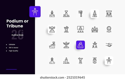 Podium or Tribune lines icon set. Podium or Tribune genres and attributes. Linear design. Lines with editable stroke. Isolated vector icons.