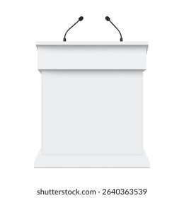 Podium Tribune Mockup With Two Microphones, Front View, Isolated On White Background. Vector Illustration