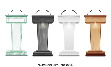 Podium Tribune Set Vector. Debate Podium Rostrum Stand With Microphones. Business Presentation Or Conference, Speech Isolated Illustration
