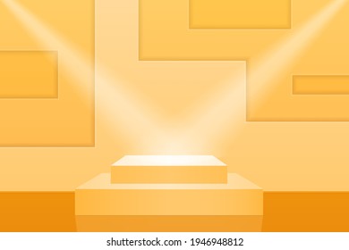 Podium of two rectangular forms for advertising presentation or museum exhibition. Scene for lot at auction. Pedestal for awarding. Yellow abstract background in carved paper style. 3d realism.