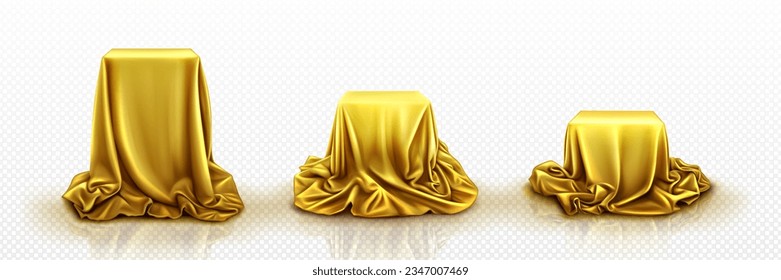 Podium under golden fabric curtain cover. Realistic vector illustration of cube stand or box of various sizes hidden in gold silk or satin waved cloth. Gift or surprise that can be reveal and unveil.