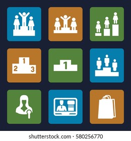 podium vector icons. Set of 9 podium filled icons such as ranking, shopping bag, woman speaker