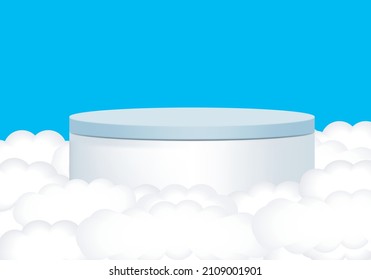 Ilustración vectorial de podio en nubes blancas en el cielo. Fondo 3d de la fase blanca para el producto de visualización o montaje.