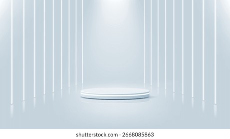 El fondo blanco del podio, soporte de exhibición del producto se destaca contra el telón de fondo brillante de las líneas para exhibir productos en un entorno moderno, futurista. Conveniente para la publicidad del producto de la tecnología.