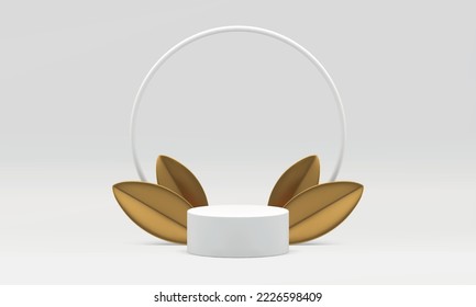 Podium white cylinder award arena golden leaves round frame event stage 3d design realistic vector illustration. Pedestal basic foundation spring holiday celebration scene minimalist product display