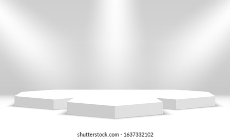 Podium. White pedestal with spotlights. Vector illustration.