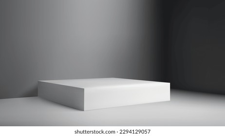 Podium white rectangular stage decorative wall premium studio background realistic vector illustration. Pedestal base platform, minimalist showcase.