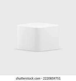 Podium white smooth cube geometric platform minimalist 3d decorative design realistic vector illustration. Pedestal box package foundation symmetric squared block interior decor element isolated