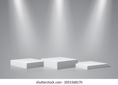 Podium white stage, cube pedestal for advertising product and spotlights vector illustration. 3d render square empty stages and winner award podium stairs, minimal scene in studio room background