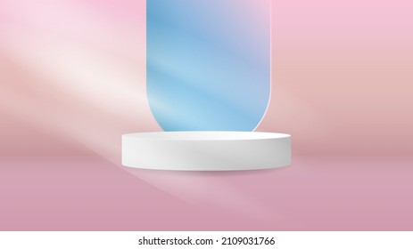 Podium with windows and blue sky minimal on pink  background , 3D stage podium display product , stand to show cosmetic products ,illustration 3d Vector EPS 10
