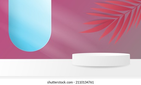 Podium with windows and blue sky minimal on pink  background , 3D stage podium display product , stand to show cosmetic products ,illustration 3d Vector EPS 10