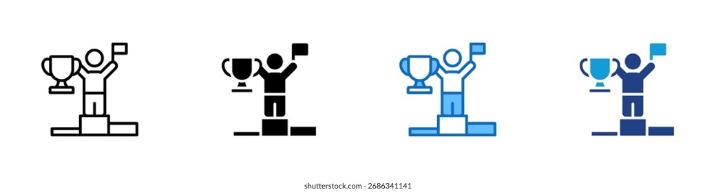 Podium Winner Multiple Style Icon Design Vector - person on a podium holding a trophy and flag representing victory and success