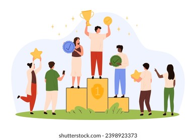 Podium for winners with achievement awards vector illustration. Cartoon winning tiny man on top of pedestal celebrating victory with cup and gold quality tick, recognition prizes and stars from people