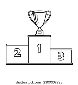Podium for winners with a cup, close-up, isolated on a white background, vector illustration, contour, doodle style