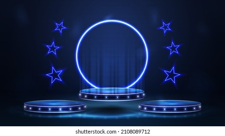 Podium of winners floating in the air with blue neon ring and neon stars. Dark and blue scene with podiums of winners